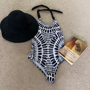 Womens black and white mosaic halter one piece bathing suit